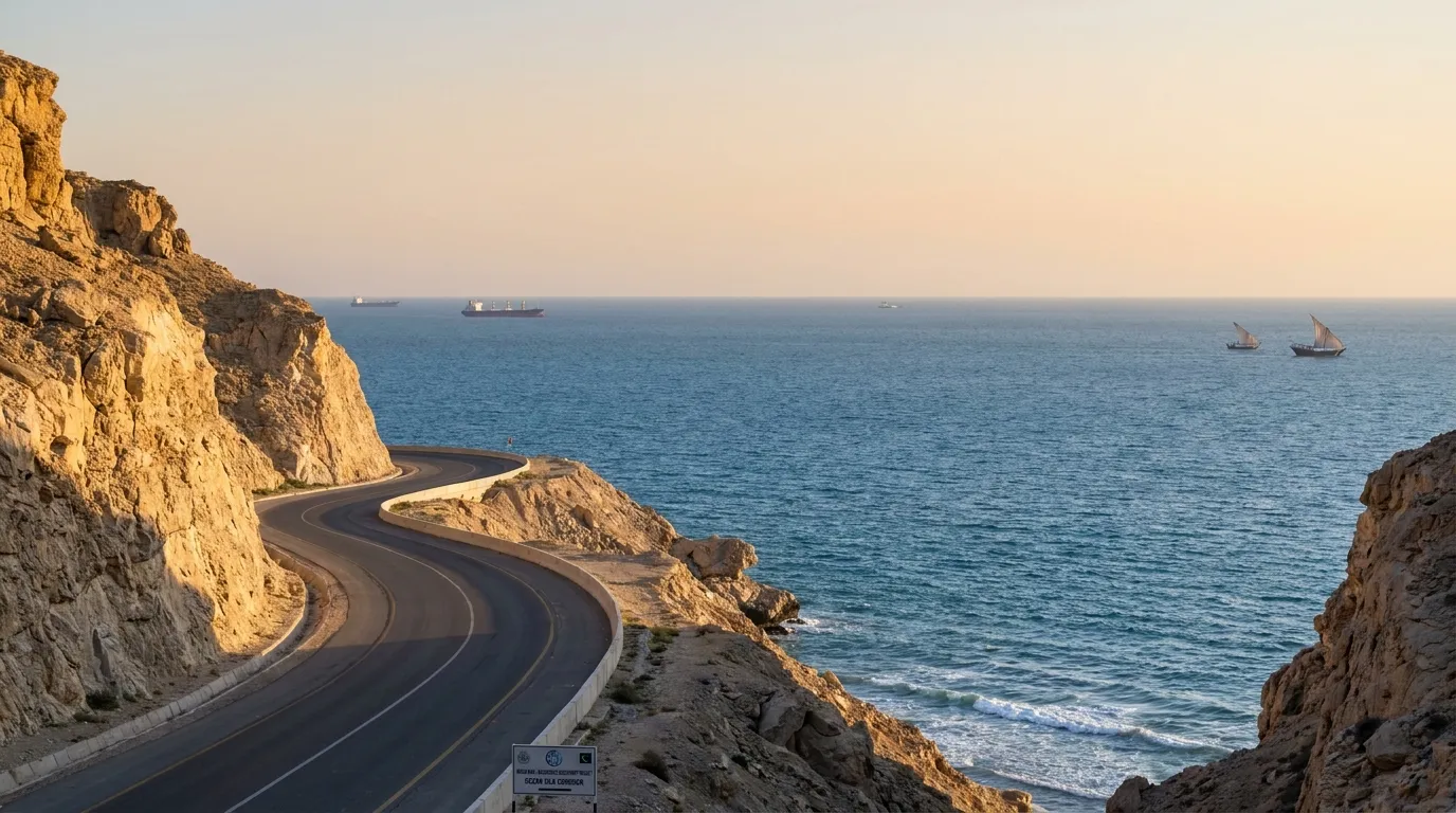 Coastal road along the Makran coastline with cargo ships and dhows on the Arabian Sea