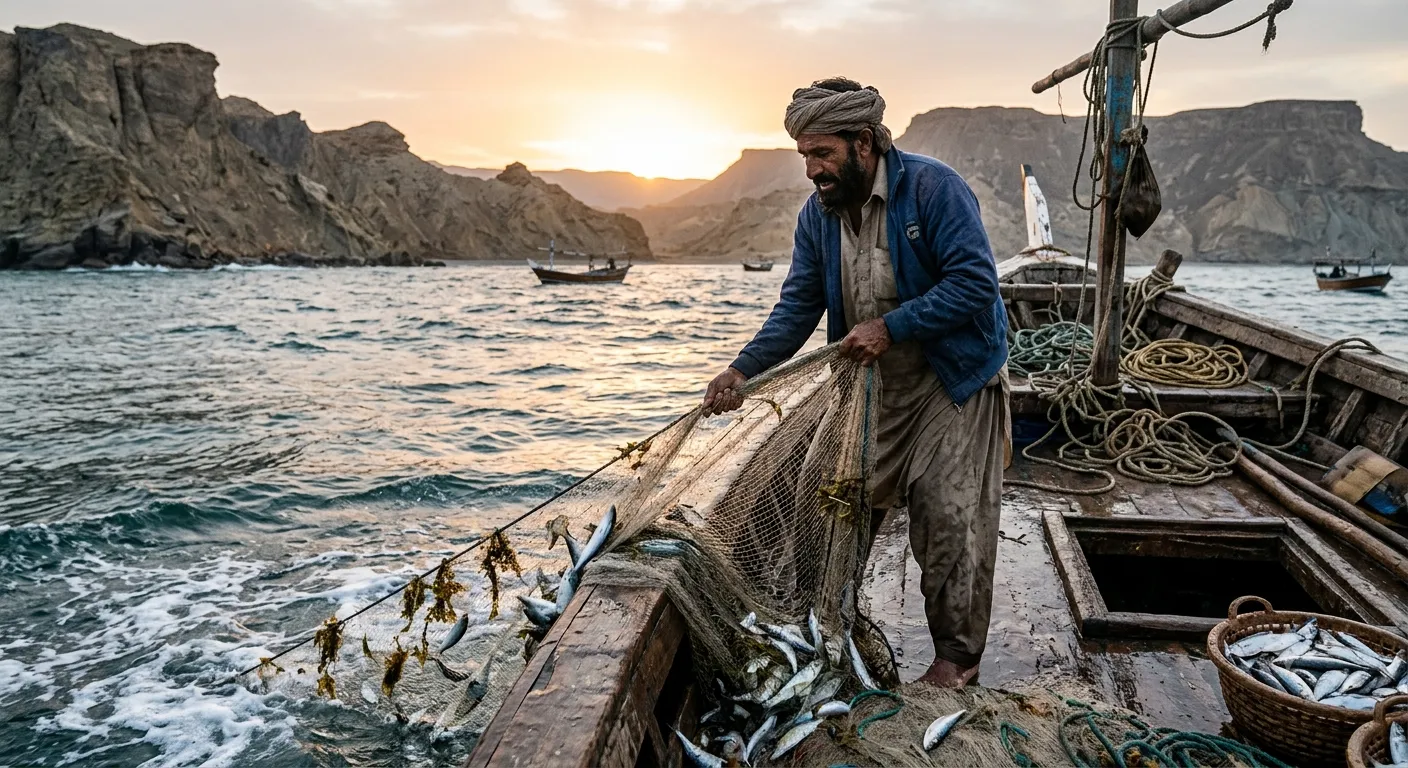 Fisherman hauling a net full of fish aboard a wooden boat at sunrise