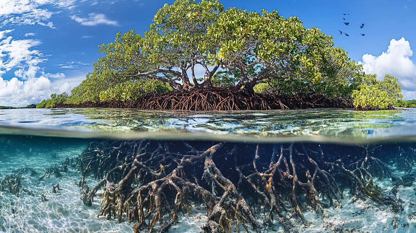 Mangrove forest with roots visible above and below the waterline