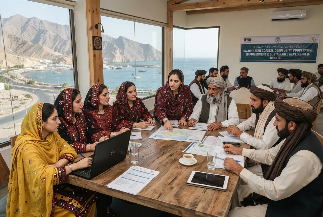 Balochistan coastal community cooperative members meeting around a table
