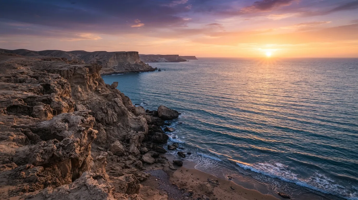 Sunset over rocky cliffs and a sandy beach along the coast