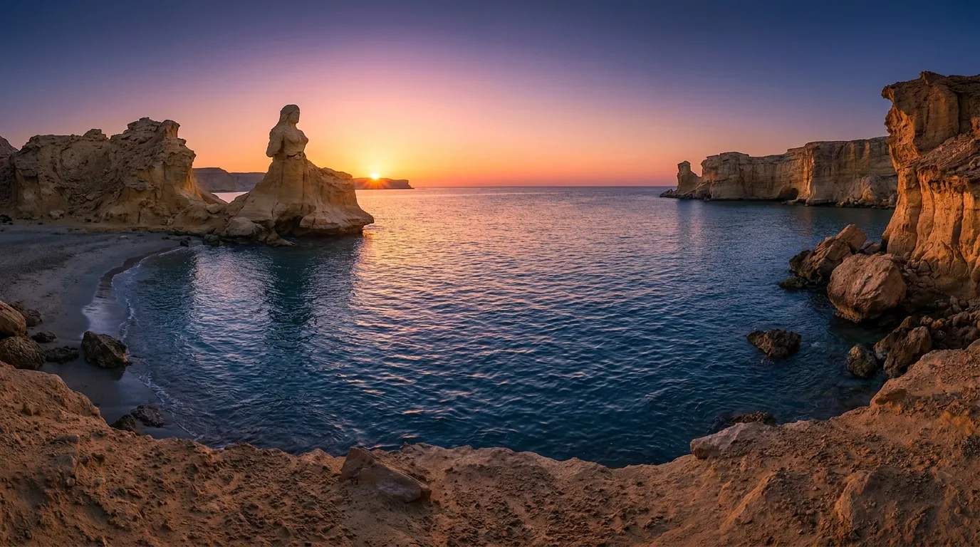 Dramatic sunset over sea stack rock formations along the coastline