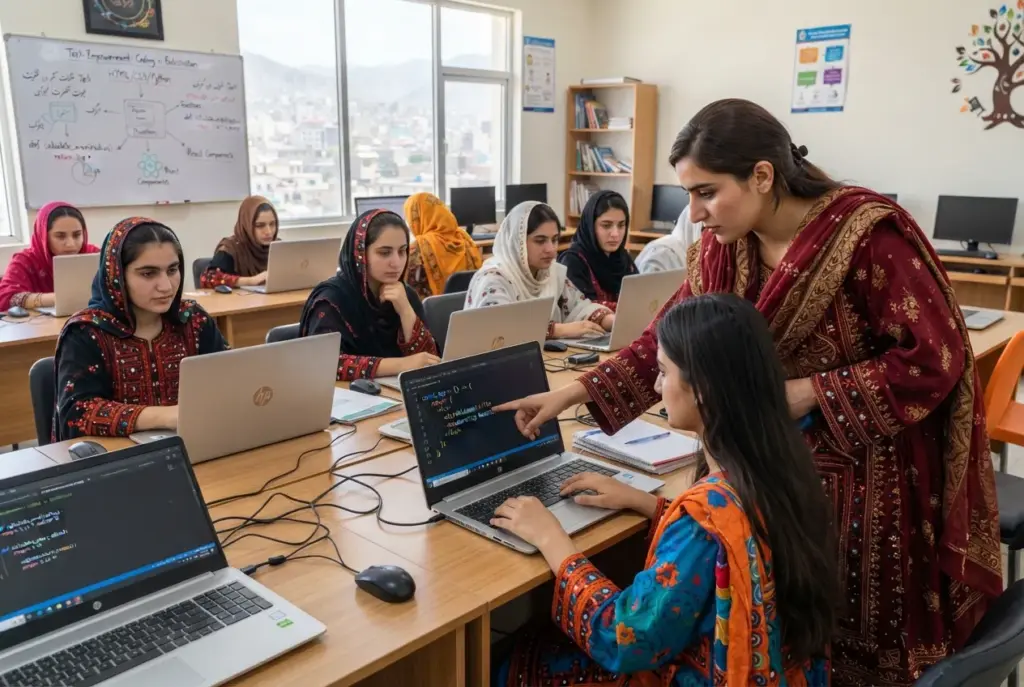 Instructor pointing at code on a laptop screen while mentoring a student in a Tech Empowerment coding classroom in Balochistan