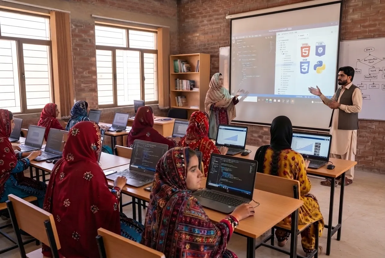 Young women learning coding and data skills in a Code the Coast Bootcamp classroom